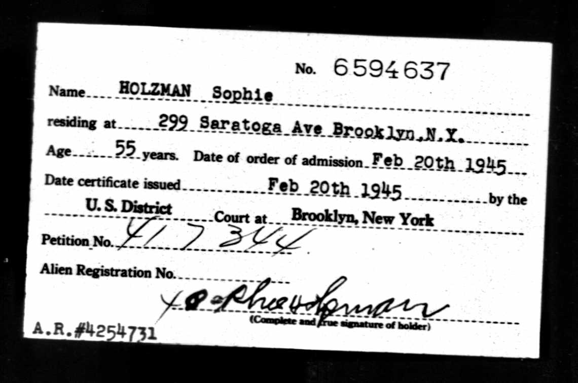 Sophie Holzman naturalization Feb 20 1945