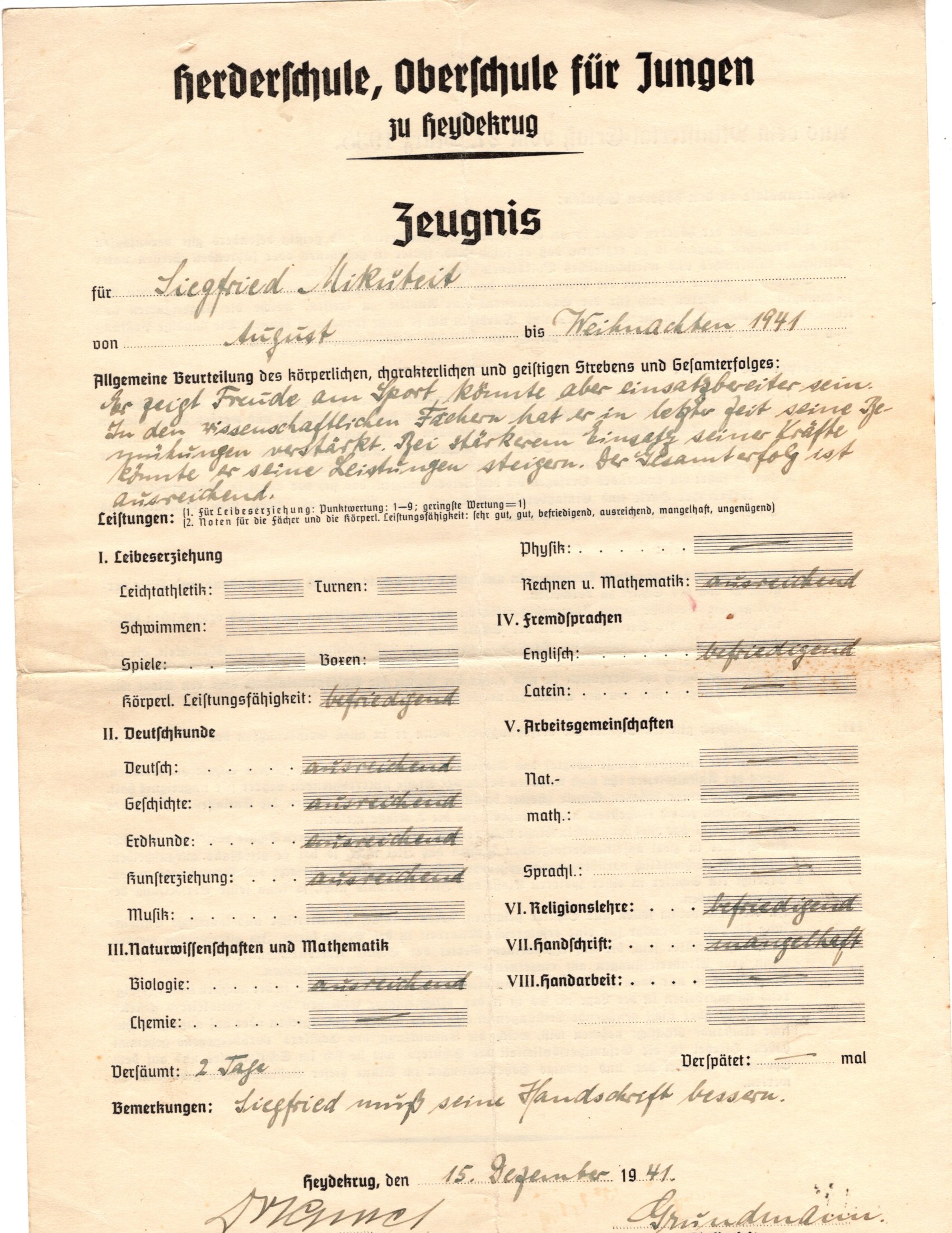 report card Weinachten 1941
