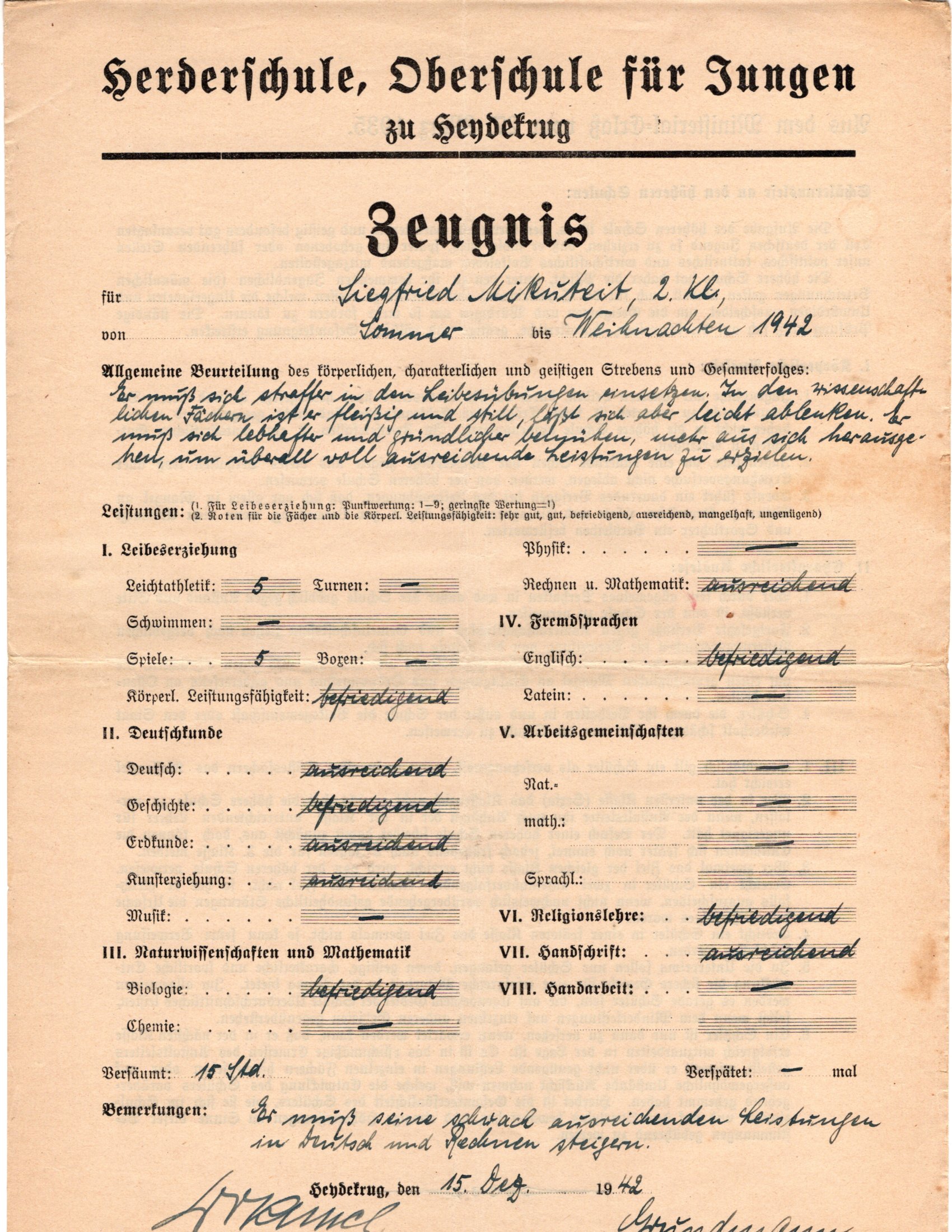 report card Weinachten 1942
